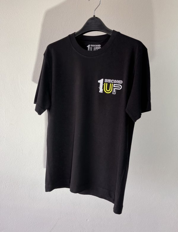 Black Second 1UP motorcycle t-shirt with embroidered logo, perfect for casual motorsports wear