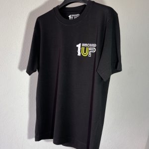 Black Second 1UP motorcycle t-shirt side view with embroidered logo, perfect for casual motorsports wear