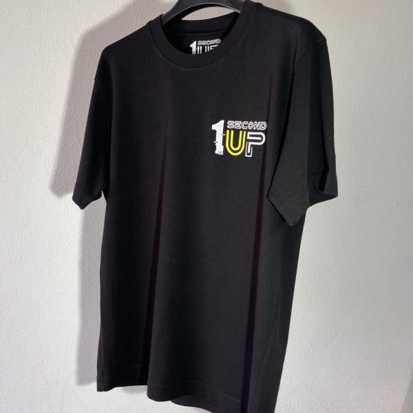 Black Second 1UP motorcycle t-shirt side view with embroidered logo, perfect for casual motorsports wear