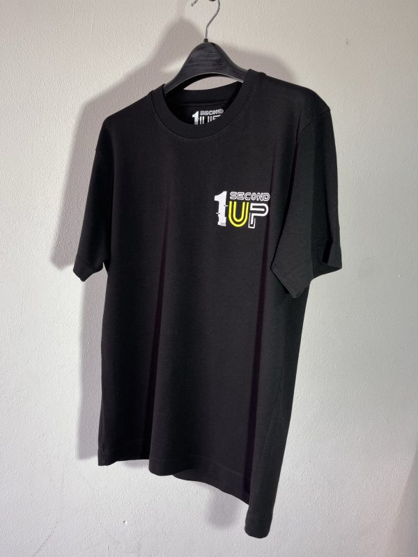 Black Second 1UP motorcycle t-shirt side view with embroidered logo, perfect for casual motorsports wear