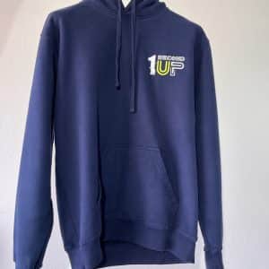 Front view of a navy blue Second 1UP motorcycle hoodie with a minimal logo, designed for motorsports riders