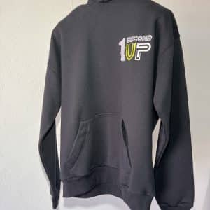 Black 1Second 1UP motorcycle hoodie with a sleek design and embroidered logo, ideal for motorsports fans